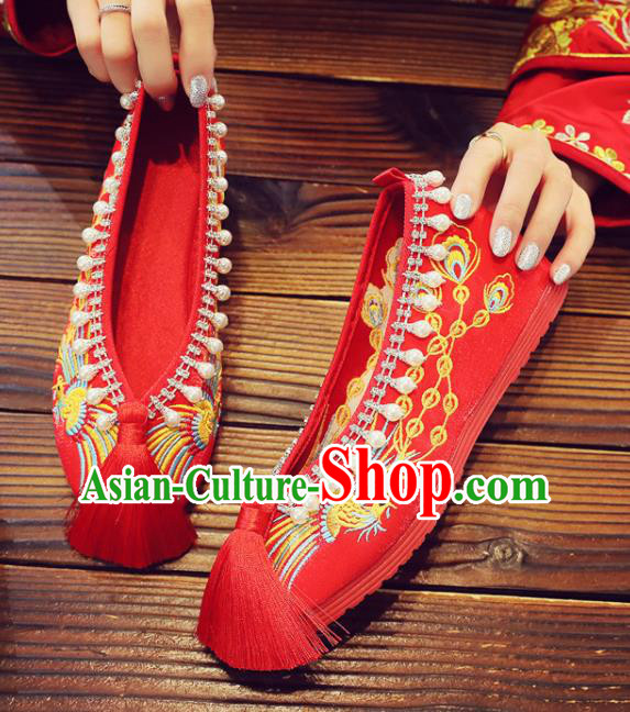 China Embroidered Phoenix Shoes Handmade Bride Shoes Xiuhe Red Satin Shoes Pearls Wedding Shoes