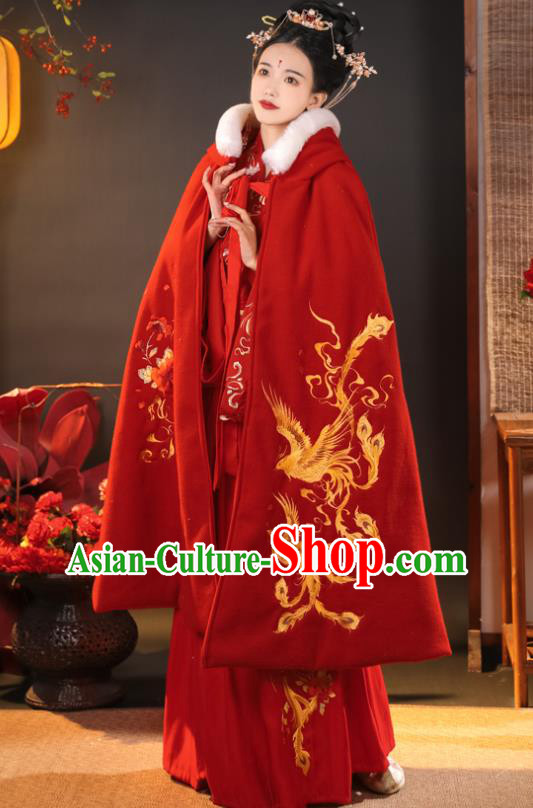 China Traditional Historical Garment Costume Ancient Princess Hanfu Cloak Ming Dynasty Wedding Embroidered Red Cape
