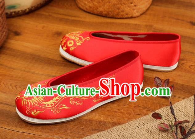 Chinese Male Embroidered Dragon Shoes Traditional Wedding Shoes Bridegroom Shoes Handmade Red Satin Shoes