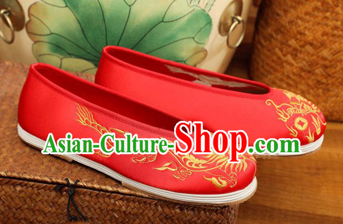 Chinese Male Embroidered Dragon Shoes Traditional Wedding Shoes Bridegroom Shoes Handmade Red Satin Shoes