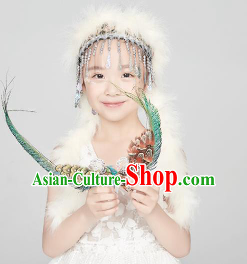 Professional China Xinjiang Hui Nationality Dance Hair Accessories Ethnic Dance White Feather Headdress Girl Stage Performance Hair Crown