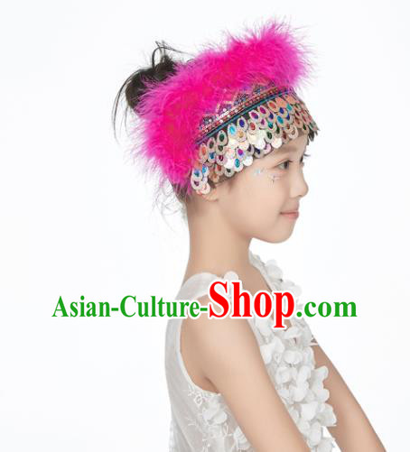 Professional China Yunnan Ethnic Dance Rosy Feather Headdress Girl Stage Performance Hair Crown Dai Nationality Dance Hair Accessories