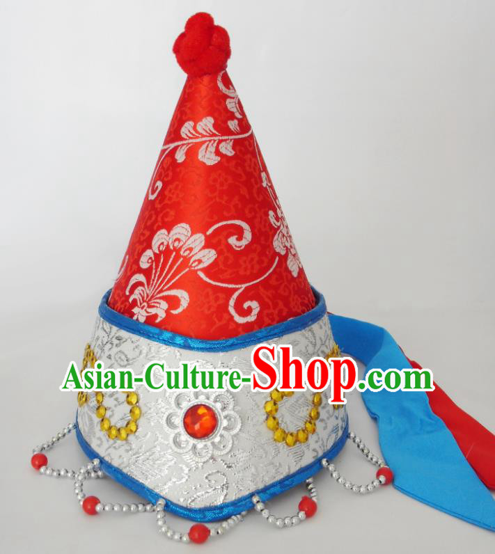 Chinese Ethnic Performance Headdress Mongolian Minority Children Headwear Mongol Nationality Girl Dance Red Hat