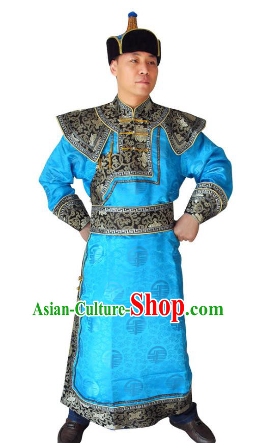Chinese Minority Festival Performance Clothing Mongol Nationality Blue Brocade Robe Mongolian Male Folk Dance Garment Ethnic Wedding Costume