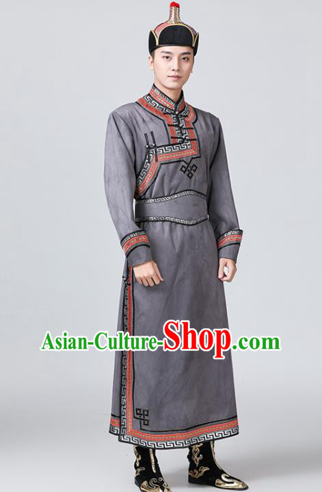 Chinese Mongolian Male Garment Costume Ethnic Minority Folk Dance Clothing Mongol Nationality Grey Suede Fabric Robe