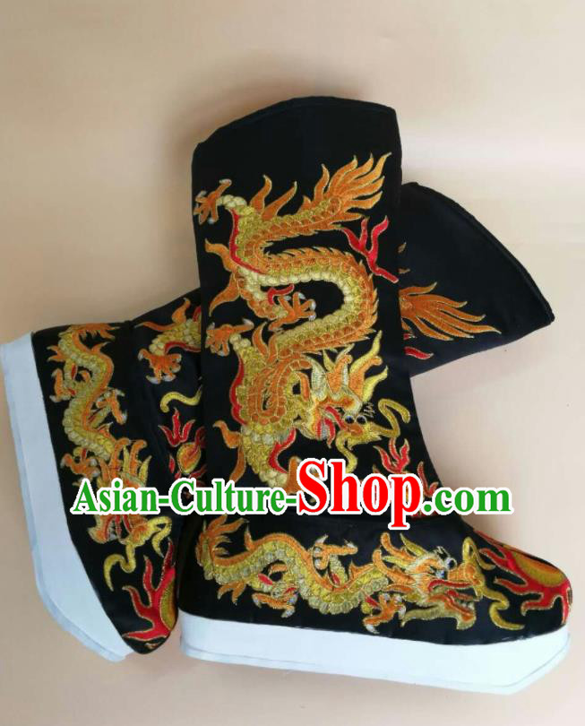 Chinese Handmade Imperial Black Satin Boots Sichuan Opera Embroidered Dragon Shoes Ancient Emperor Shoes Beijing Opera King Shoes