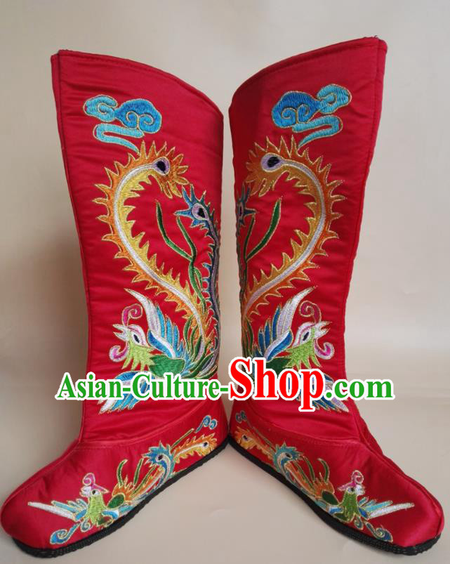 Chinese Ancient Swordswoman Shoes Beijing Opera Female General Shoes Embroidered Phoenix Red Satin Boots Peking Opera Shoes