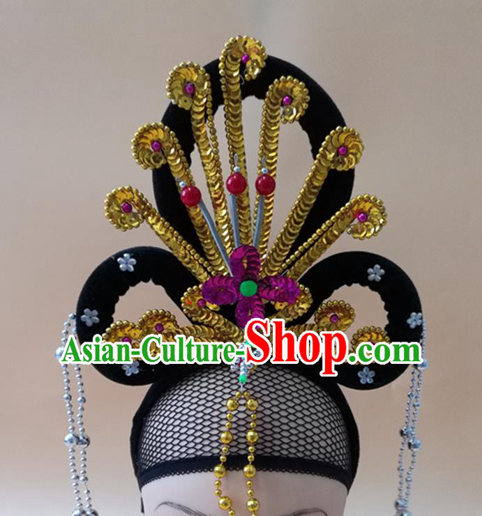 Chinese Beijing Opera Hua Tan Wigs Chignon Headdress Peking Opera Diva Golden Phoenix Hair Accessories Ancient Fairy Headpieces
