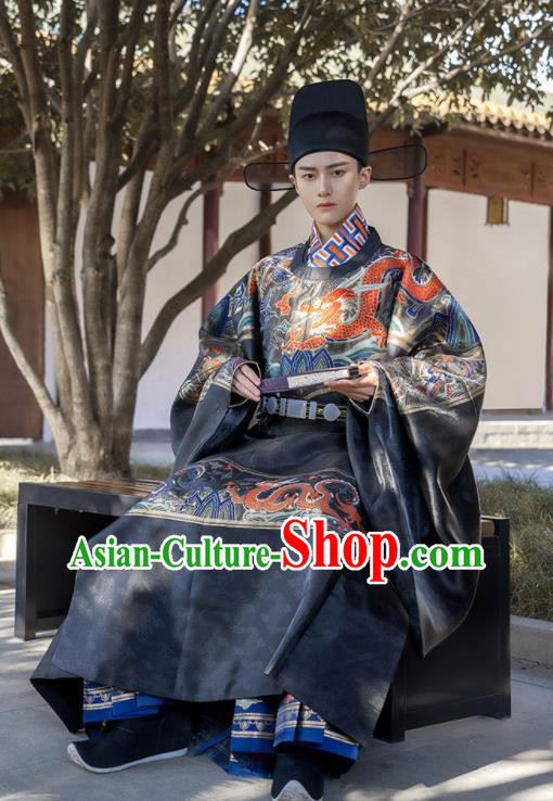China Ancient Official Garment Costume Traditional Ming Dynasty Male Wedding Clothing Black Long Robe