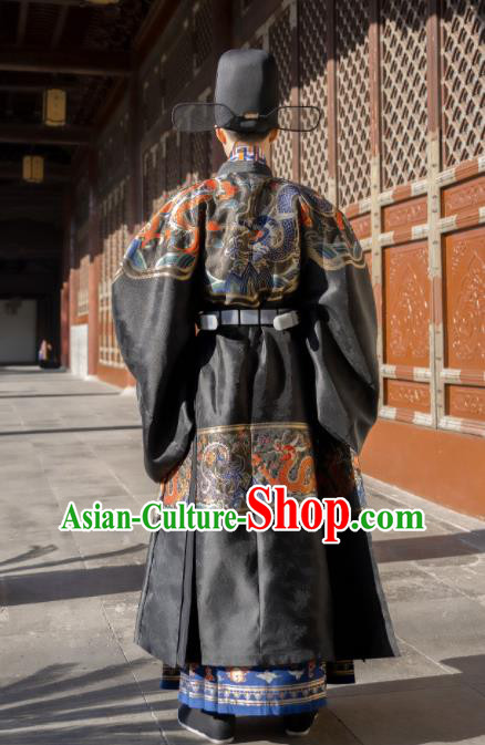 China Ancient Official Garment Costume Traditional Ming Dynasty Male Wedding Clothing Black Long Robe