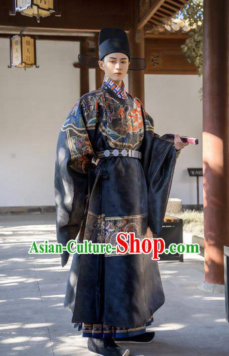 China Ancient Official Garment Costume Traditional Ming Dynasty Male Wedding Clothing Black Long Robe