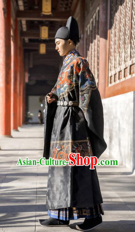 China Ancient Official Garment Costume Traditional Ming Dynasty Male Wedding Clothing Black Long Robe