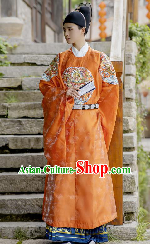 China Traditional Ming Dynasty Wedding Clothing Orange Imperial Robe Ancient Emperor Garment Costume for Men