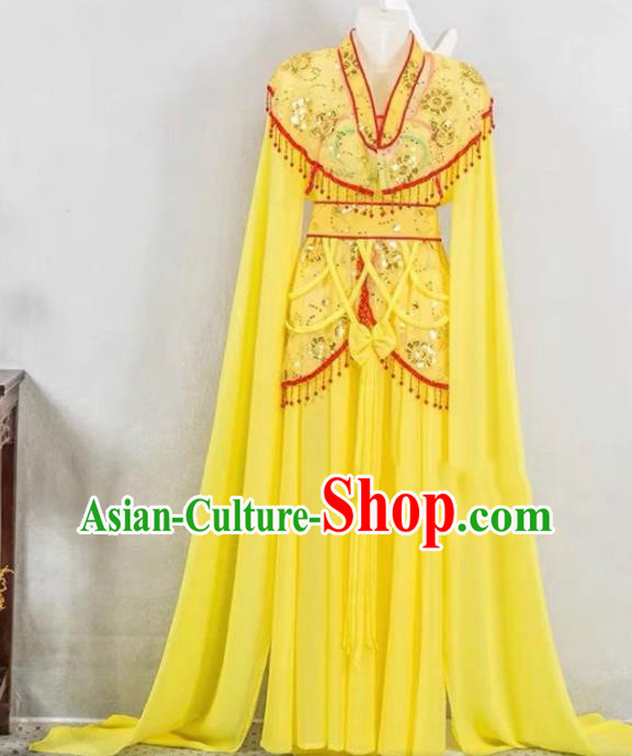 China Ancient Princess Clothing Peking Opera Diva Costume Beijing Opera Hua Tan Yellow Water Sleeve Dress Huangmei Opera Fairy Garment