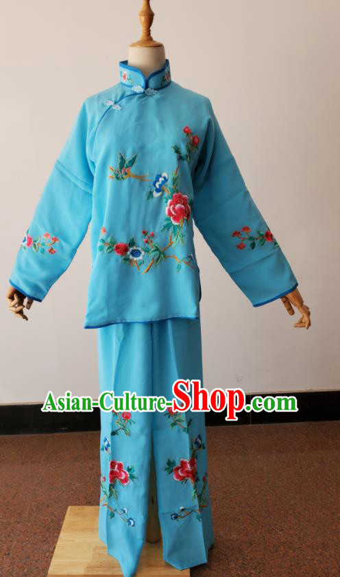 China Peking Opera Country Woman Dress Beijing Opera Xiaodan Costumes Huangmei Opera Maid Lady Light Blue Uniforms Ancient Village Girl Clothing