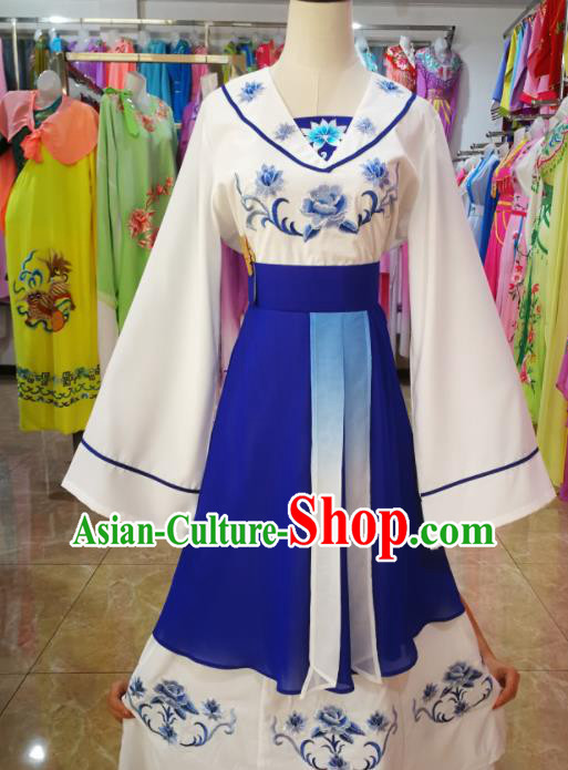 China Beijing Opera Civilian Woman Costume Shaoxing Opera Actress Uniforms Ancient Village Lady Clothing Peking Opera Maidservant Blue Dress
