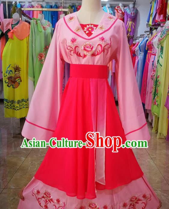 China Beijing Opera Village Lady Costume Shaoxing Opera Actress Uniforms Ancient Civilian Woman Clothing Peking Opera Maidservant Pink Dress