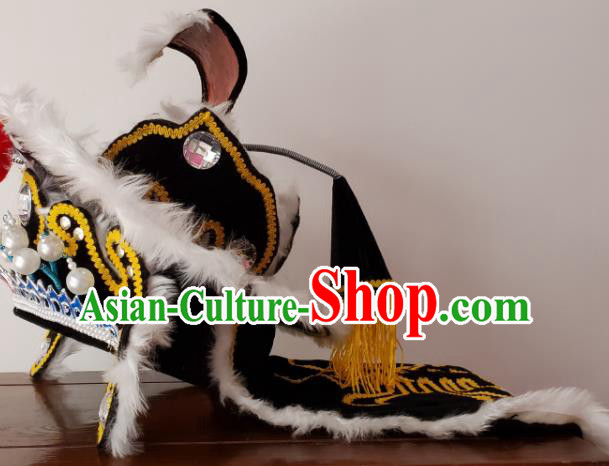 Chinese Beijing Opera Wusheng Hat Ancient General Headdress Peking Opera Warrior Black Helmet