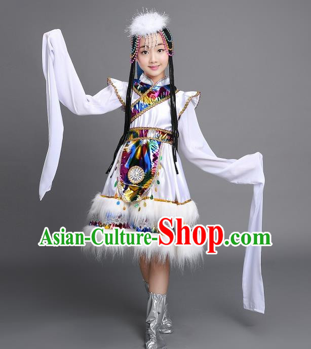 Chinese Zang Nationality Girls Clothing Ethnic Children Folk Dance Garments Tibetan Minority Performance White Dress