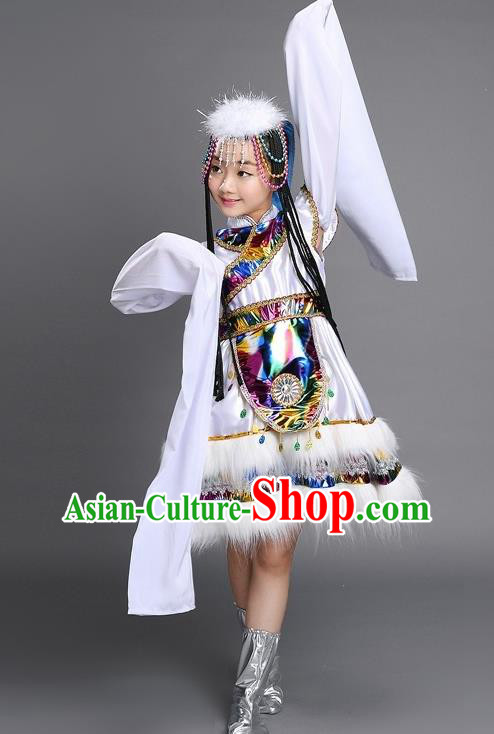 Chinese Zang Nationality Girls Clothing Ethnic Children Folk Dance Garments Tibetan Minority Performance White Dress