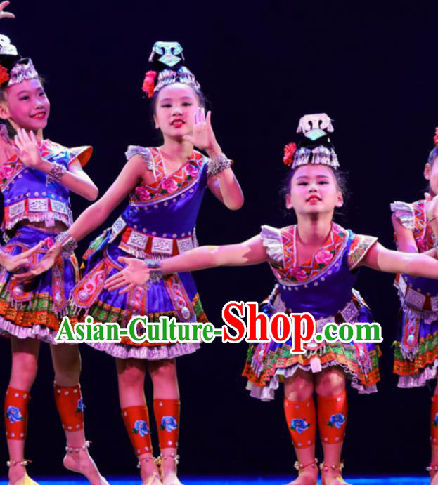 Chinese Hmong Minority Girl Blue Dress Miao Nationality Folk Dance Clothing Ethnic Children Stage Performance Garments