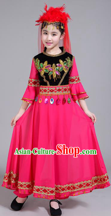 Chinese Uyghur Nationality Folk Dance Clothing Xinjiang Ethnic Children Performance Garments Uighur Minority Girl Rosy Dress Outfits