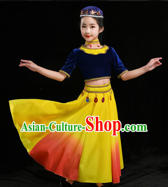 Chinese Uyghur Minority Girl Blue Velvet Outfits Uighur Nationality Folk Dance Clothing Xinjiang Ethnic Children Stage Performance Garments
