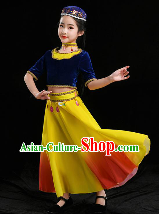 Chinese Uyghur Minority Girl Blue Velvet Outfits Uighur Nationality Folk Dance Clothing Xinjiang Ethnic Children Stage Performance Garments