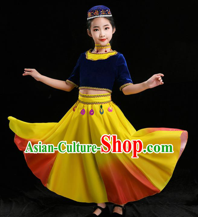 Chinese Uyghur Minority Girl Blue Velvet Outfits Uighur Nationality Folk Dance Clothing Xinjiang Ethnic Children Stage Performance Garments