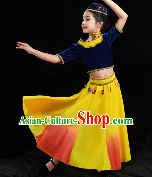 Chinese Uyghur Minority Girl Blue Velvet Outfits Uighur Nationality Folk Dance Clothing Xinjiang Ethnic Children Stage Performance Garments