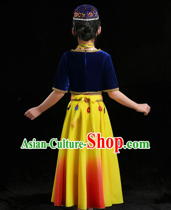 Chinese Uyghur Minority Girl Blue Velvet Outfits Uighur Nationality Folk Dance Clothing Xinjiang Ethnic Children Stage Performance Garments
