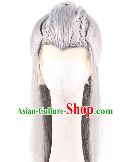 Chinese Traditional Cosplay Swordsman Headdress Ancient Knight Hairpieces Handmade Ming Dynasty Grey Front Lace Wigs