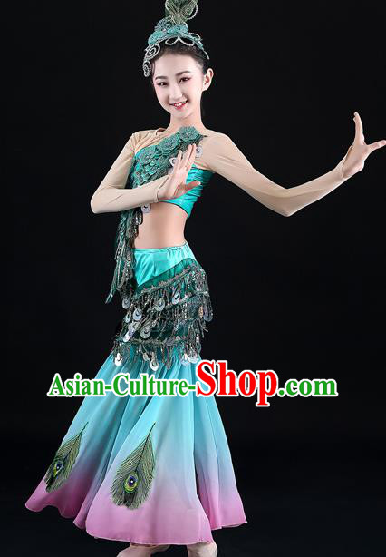 Chinese Dai Nationality Children Clothing Ethnic Folk Dance Fashion Yunnan Minority Peacock Dance Performance Blue Dress Uniforms
