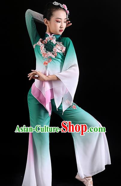 Chinese Children Dance Performance Green Uniforms Folk Dance Outfits Fan Dance Costumes Yangko Dance Clothing