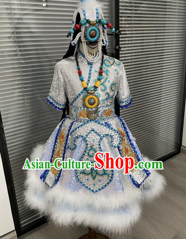 Chinese Tibetan Nationality Girl Festival Clothing Ethnic Children Folk Dance Garments Zang Minority Dance Blue Dress Uniforms