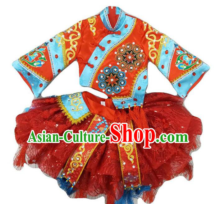 Chinese Children Performance Red Uniforms Folk Dance Outfits Girl Opera Dance Costumes Yangko Dance Clothing