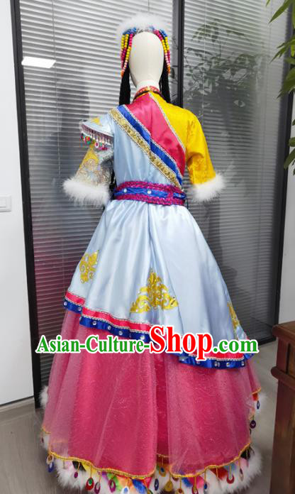 Chinese Ethnic Children Folk Dance Garments Zang Minority Performance Pink Dress Uniforms Tibetan Nationality Girl Clothing
