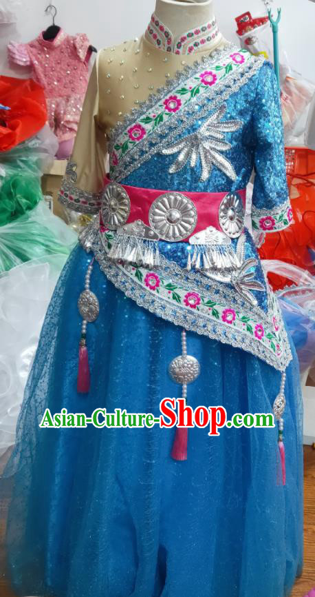 Chinese Mongol Minority Performance Blue Dress Uniforms Mongolian Nationality Girl Clothing Ethnic Children Folk Dance Garments