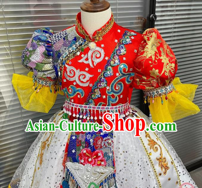 Chinese Ethnic Children Folk Dance Garments Yunnan Minority Dance Dress Uniforms Pumi Nationality Girl Performance Clothing