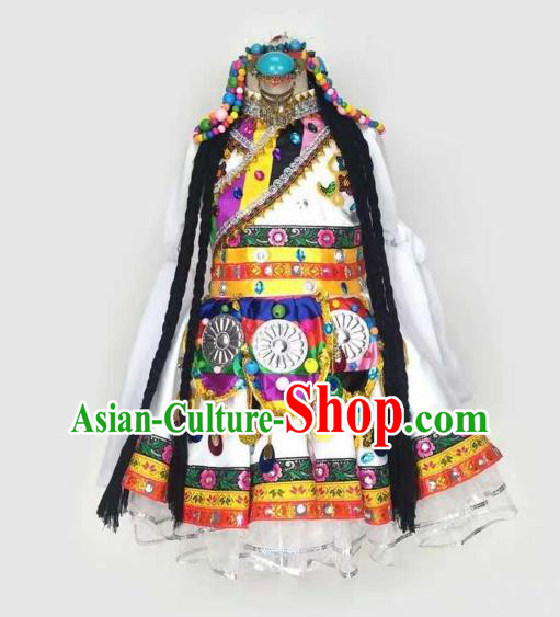 Chinese Ethnic Children Folk Dance Garments Zang Minority Performance White Dress Tibetan Nationality Girl Clothing and Hair Accessories
