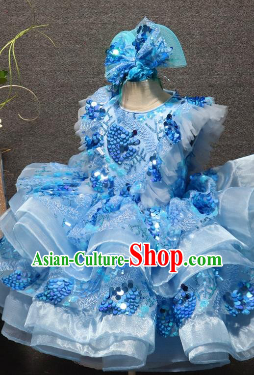 Top Christmas Formal Evening Wear Children Stage Show Clothing Girl Dance Performance Garment Catwalks Blue Sequins Bubble Dress