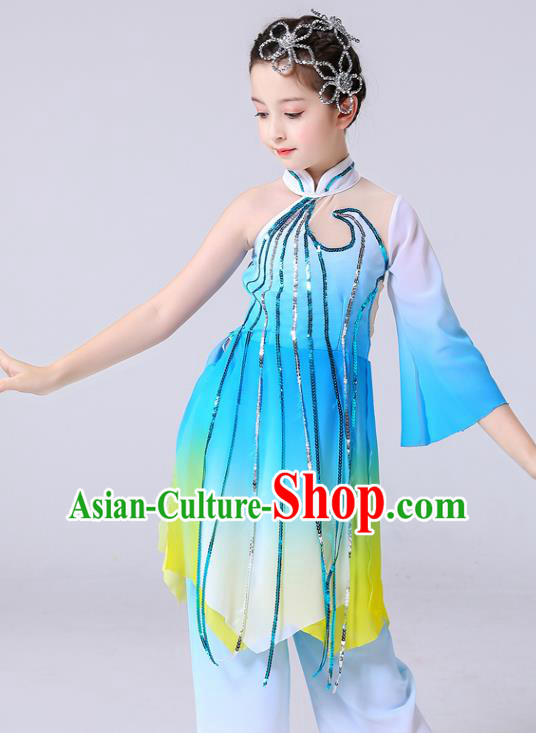 China Girl Stage Performance Dancewear Umbrella Dance Clothing Lotus Dance Blue Outfits Children Classical Dance Costumes