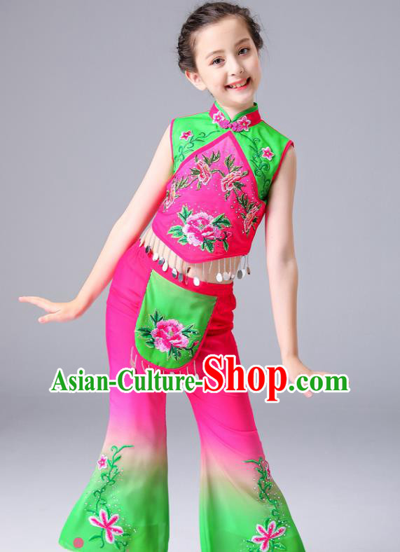 Chinese Children Yangko Dance Rosy Uniforms Folk Dance Costumes Fan Dance Dress Yangge Performance Clothing