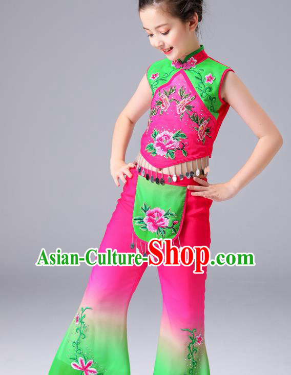 Chinese Children Yangko Dance Rosy Uniforms Folk Dance Costumes Fan Dance Dress Yangge Performance Clothing
