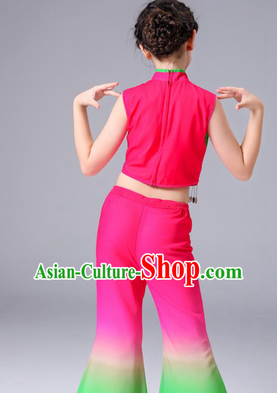 Chinese Children Yangko Dance Rosy Uniforms Folk Dance Costumes Fan Dance Dress Yangge Performance Clothing