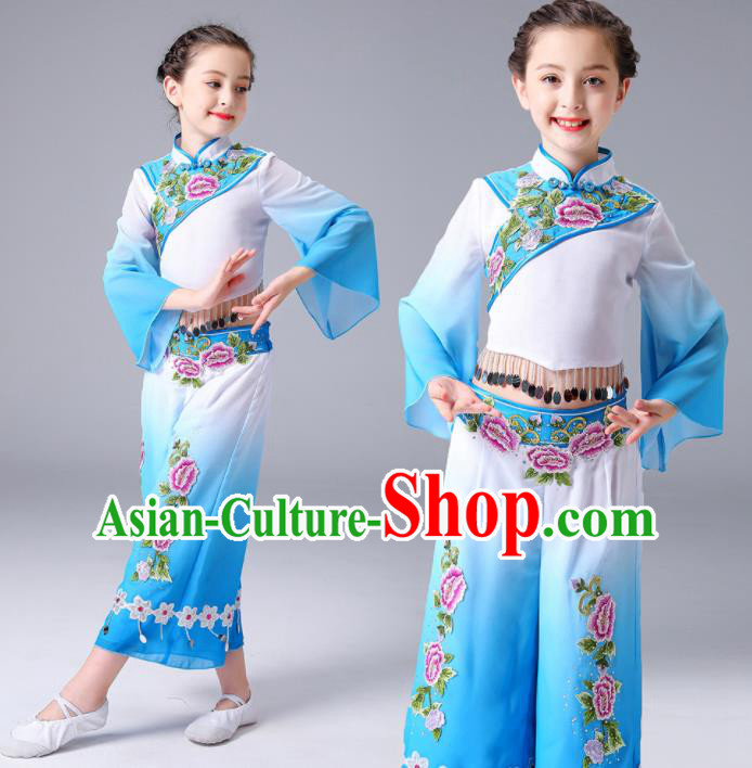 Chinese Yangge Performance Clothing Children Yangko Dance Blue Uniforms Folk Dance Costumes Girl Fan Dance Dress