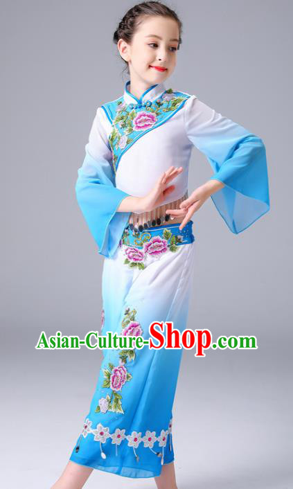 Chinese Yangge Performance Clothing Children Yangko Dance Blue Uniforms Folk Dance Costumes Girl Fan Dance Dress