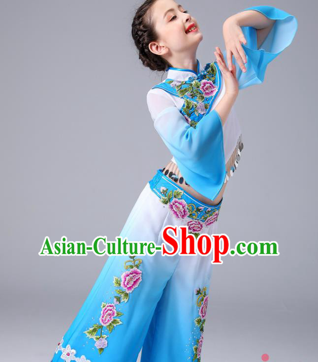 Chinese Yangge Performance Clothing Children Yangko Dance Blue Uniforms Folk Dance Costumes Girl Fan Dance Dress