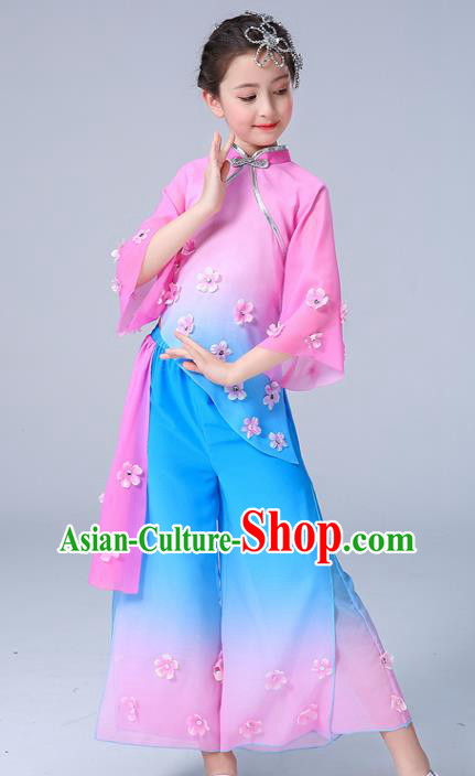 Chinese Children Yangko Dance Pink Uniforms Folk Dance Costumes Girl Jasmine Flower Dance Dress Yangge Performance Clothing
