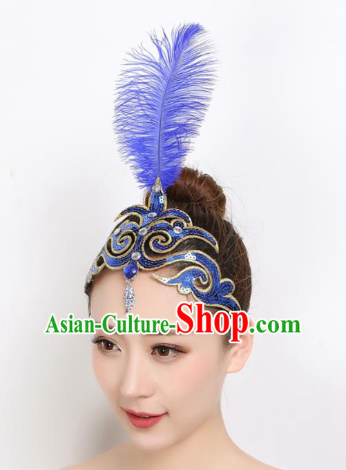 China Dai Nationality Dance Royalblue Feather Headpiece Woman Stage Performance Hair Stick Peacock Dance Hair Accessories